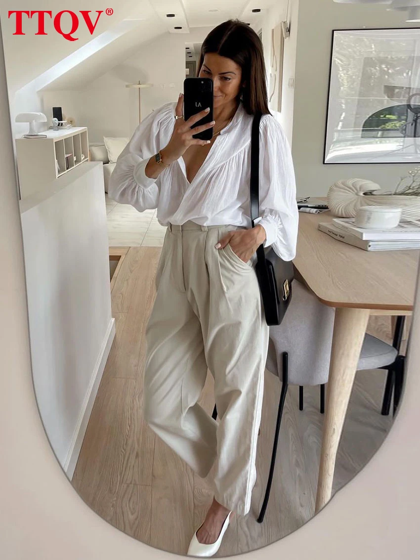 

TTQV Casual Loose White Cotton Women's Blouse 2025 Fashion Stand Collar Long Sleeve Shirt Elegant Classic Solid Top Female