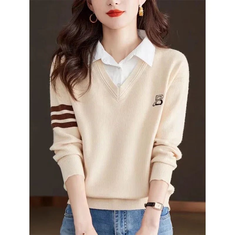 Female Top Casual Solid Chic Loose Sweaters Women Clothing Knitted Spliced Daily Fashion Knitwear Spring Autumn New Jumpers