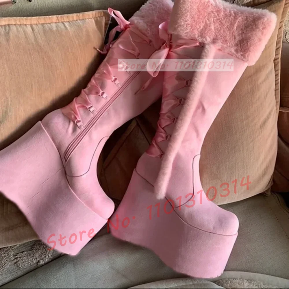 Pink Fur Trim Platform Knee Boots Women Sweet Back Satin Ribbons Wedges Shoes Girl\'s Splicing Streetwear Cute Side-zip Boots