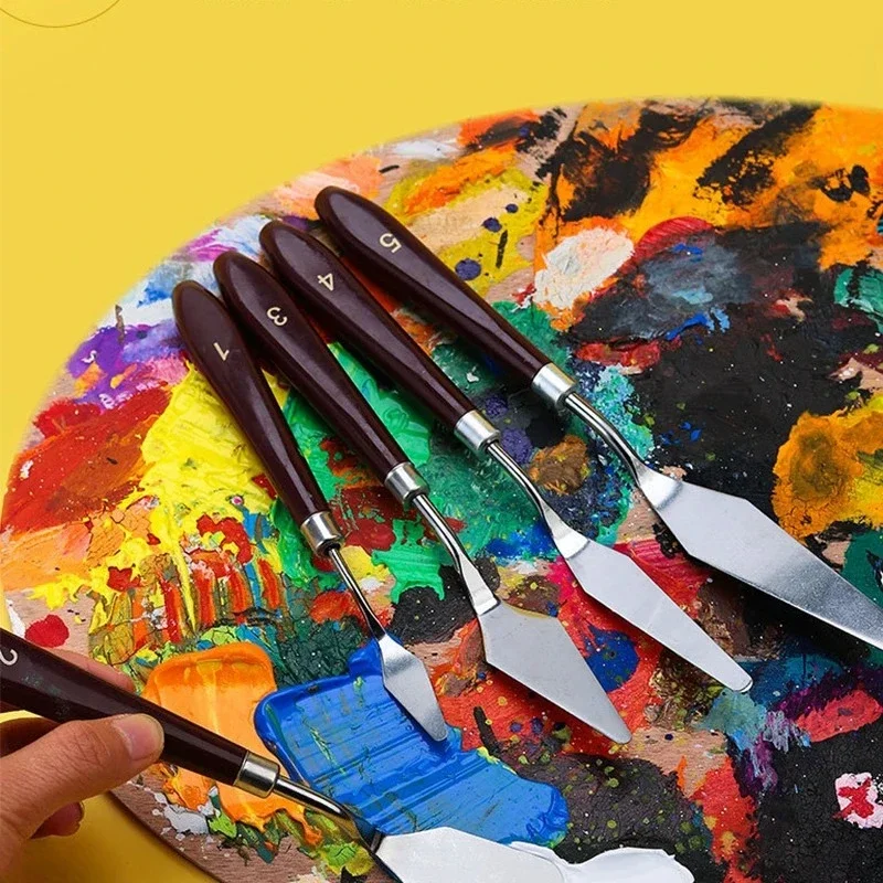 7PCS Painting Scraper Set, Wooden Handle Stainless Steel Paint Mixing Knives, Watercolor Oil Gouache Pigment Mixing Hand Tools