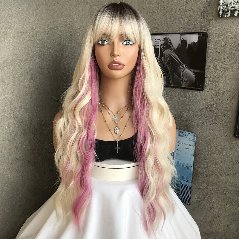 

Европейская и американская мода, длинные вьющиеся волосы, большие волны, челка, постепенное изменение цвета, высокотемпературный шелковый парик, головной убор