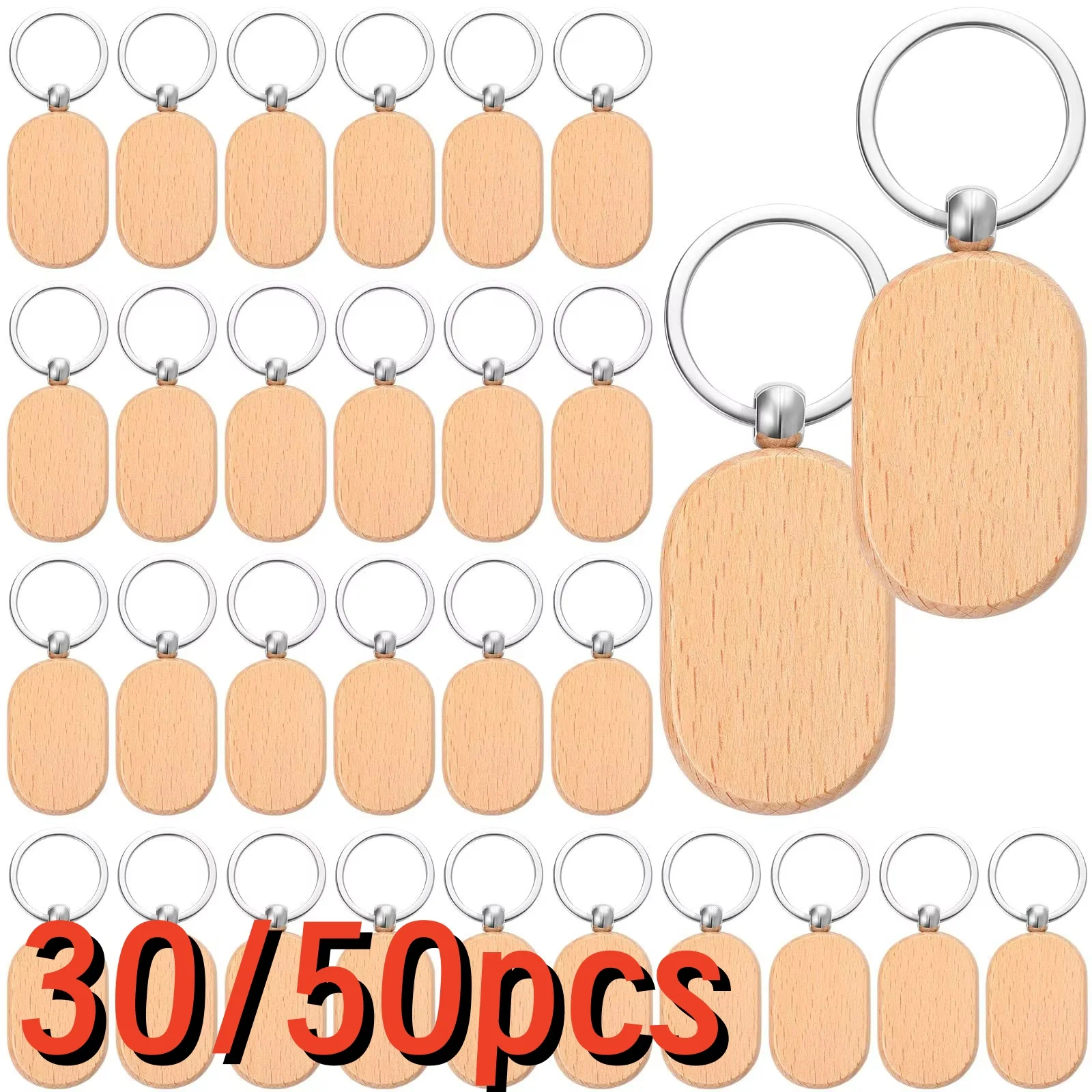 

30/50pcs Mixed Blank Wooden Keychain Rectangular Round Shape Wood Key Chain Key Ring Handmade Pendant DIY Wooden Keychain