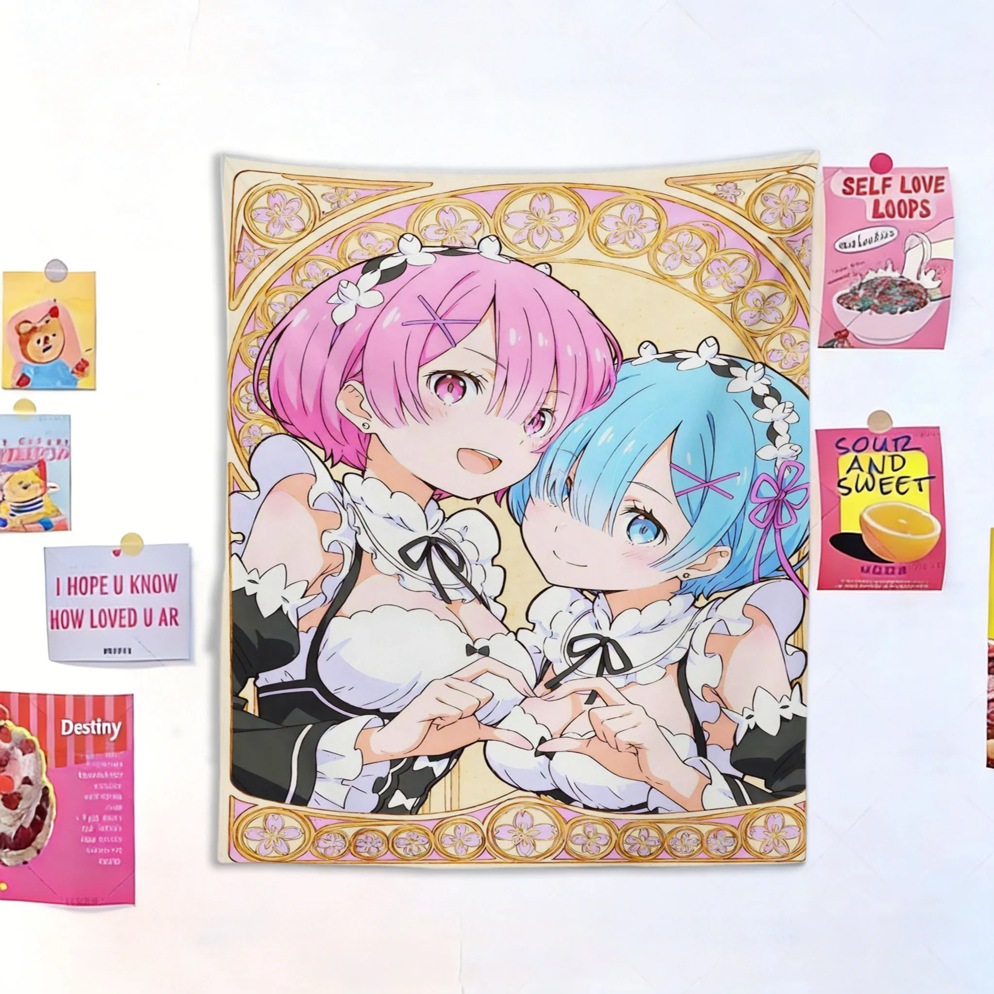 Re:Zero Ram & Rem Tapestry, Art Nouveau Maid Sisters Wall Hanging for Bedroom, Dorm & Otaku Room Decor
