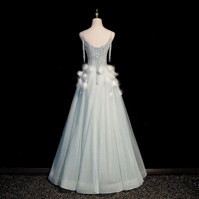 Frauen Prinzessin Abend Party Kleid Elegante Ärmel Sling Applikationen Feder Ärmelloses Abendkleid Angepasst Bankett Kleid Ball