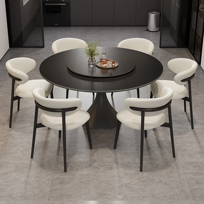 Italian minimalist round monochrome slate dining table and chair combination Modern home with turntable table