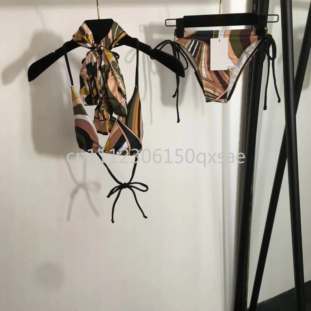 

Women's Brown Headband Bikini Sets with Letter Signature Logo Lady Sexy Headband Swimsuits Swimwear Beachwear