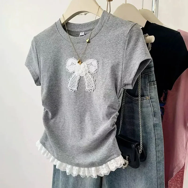 Fanan ريترو القوس الدانتيل قصيرة الأكمام تي شيرت امرأة Y2K جولة الرقبة خياطة تصميم أعلى المرأة الصيف الكورية سليم صالح اقتصاص تيز #1