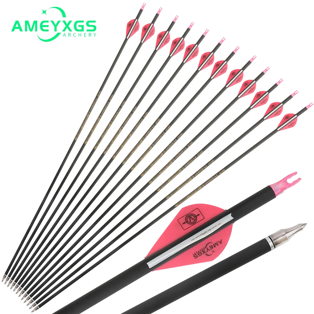 12PCS Archery Pure Carbon Arrows 32inch ID6.2mm Spine300/350/400/500/600 For Recurve/Compound Bow Shooting Hunting accessory