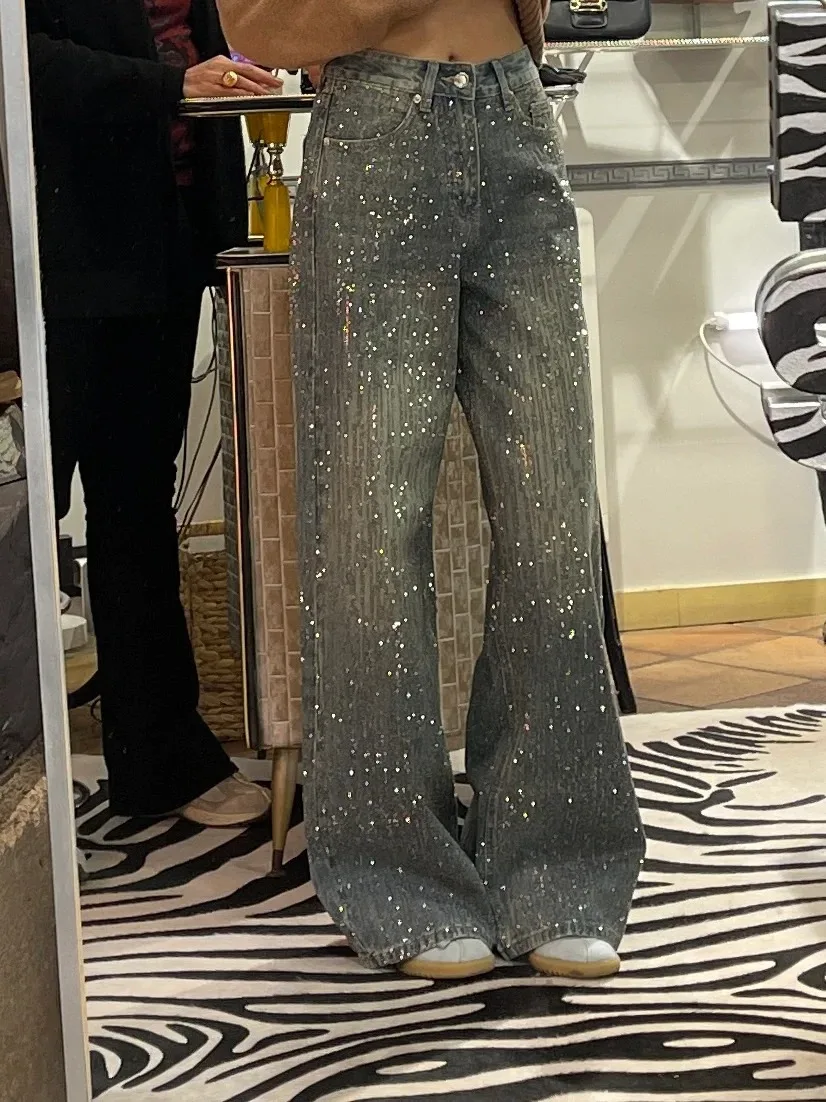 المرأة Y2k فضفاض الجينز Harajuku خمر حجر الراين سراويل جينز اليابانية 2000s نمط كبير الحجم واسعة الجينز السراويل الطويلة الملابس