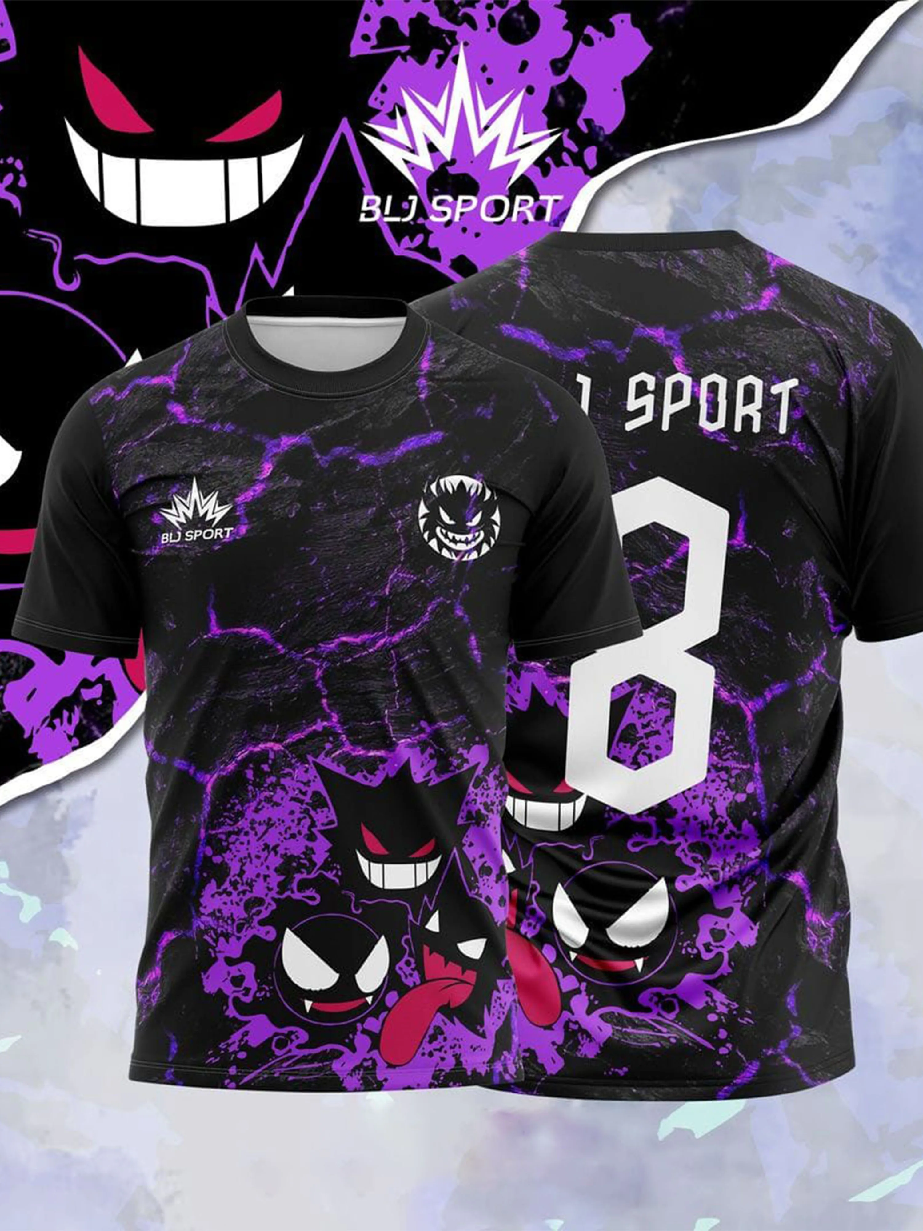 سويت شيرت رجالي مشهور وممتاز وعالي الجودة بطباعة ثلاثية الأبعاد باللونين الأرجواني والأسود لفريق Gengar التذكاري الخاص لكرة القدم.