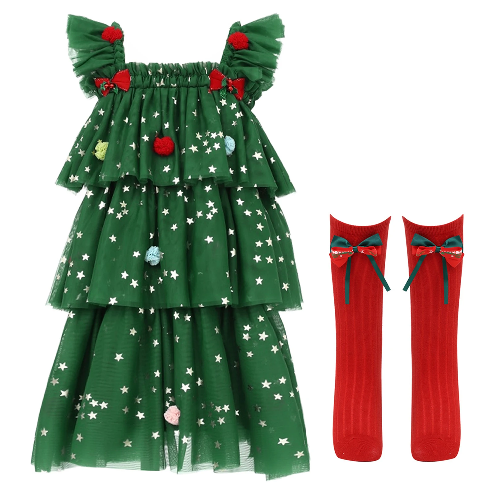 

Toddler Baby Girl Christmas Tress Elf Dress Golden Star Print Layered Tulle Tutu Xmas Dress with Socks for Family Gatherings