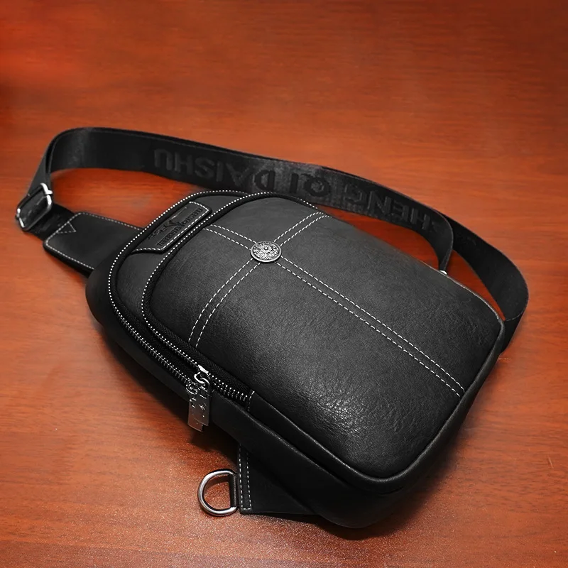 PU leather retro men's chest bag, large-capacity crossbody bag, sewn commuter travel single-shoulder bag