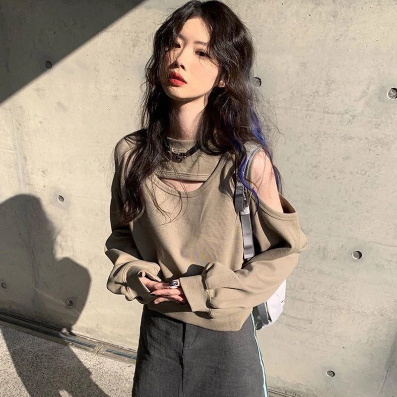 

Women's Fall Winter Fake Two Piece Oversized Sweatshirt Cut Out Shoulder Short Length Casual Pullover Top New Korean Style Tee