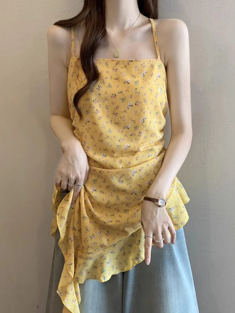 

Yellow Floral Print Off-Shoulder Vest for Women Summer Vacation Outerwear Loose Fit Sleeveless Irregular Hem Commute Style