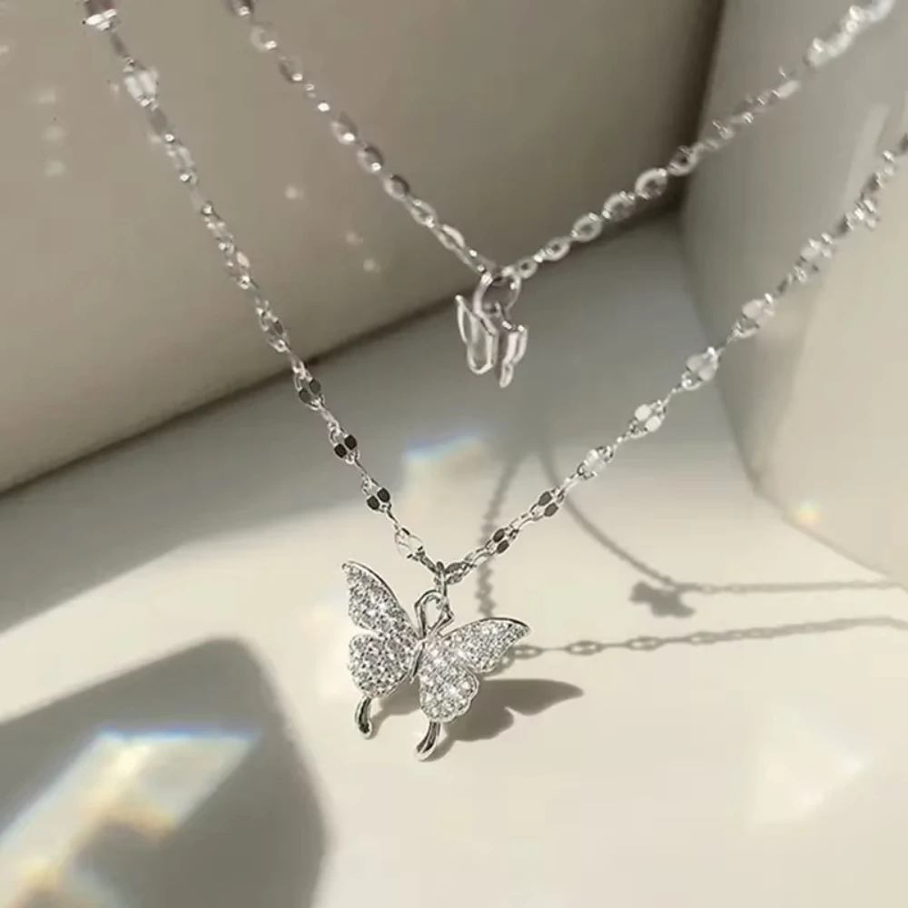 Exquisite Sparkling Double Layer Butterfly Necklace Double Layer Collar Chain Jewelry Holiday Party Gift For Women Girls