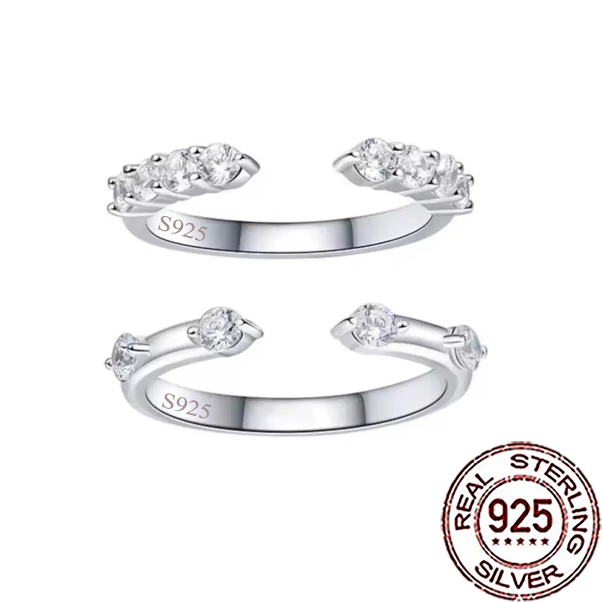 

QooLady 925 Sterling Silver Sparkling CZ Zircon Adjustable Open Rings for Women Wedding Party Stackable Jewelry Gift SR085&SR086