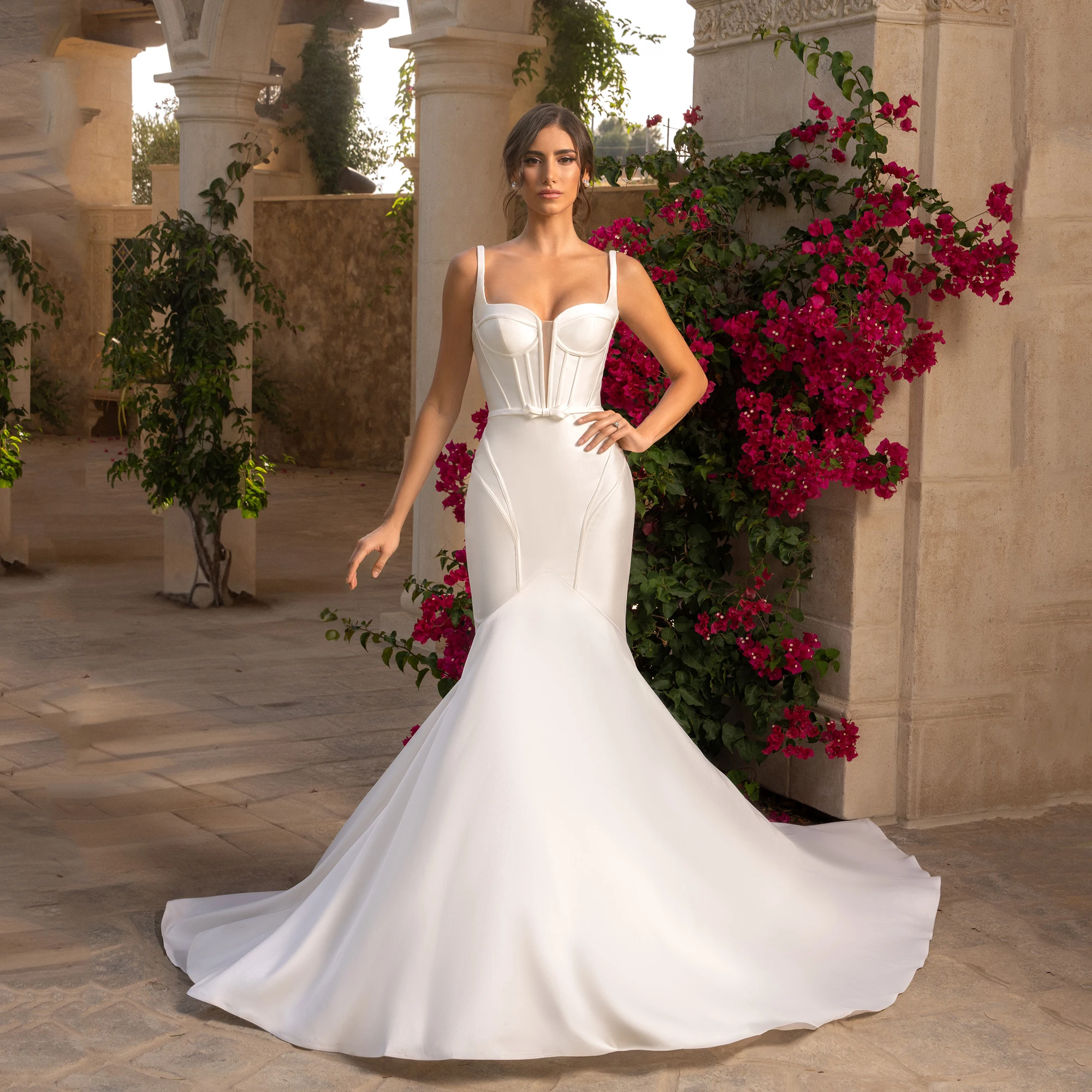 

Customized Simple Mermaid White Wedding Dress Sexy Backless Satin Bridal Gown V-Neck Sleeveless Vestido Elegant Sweep Train 2025