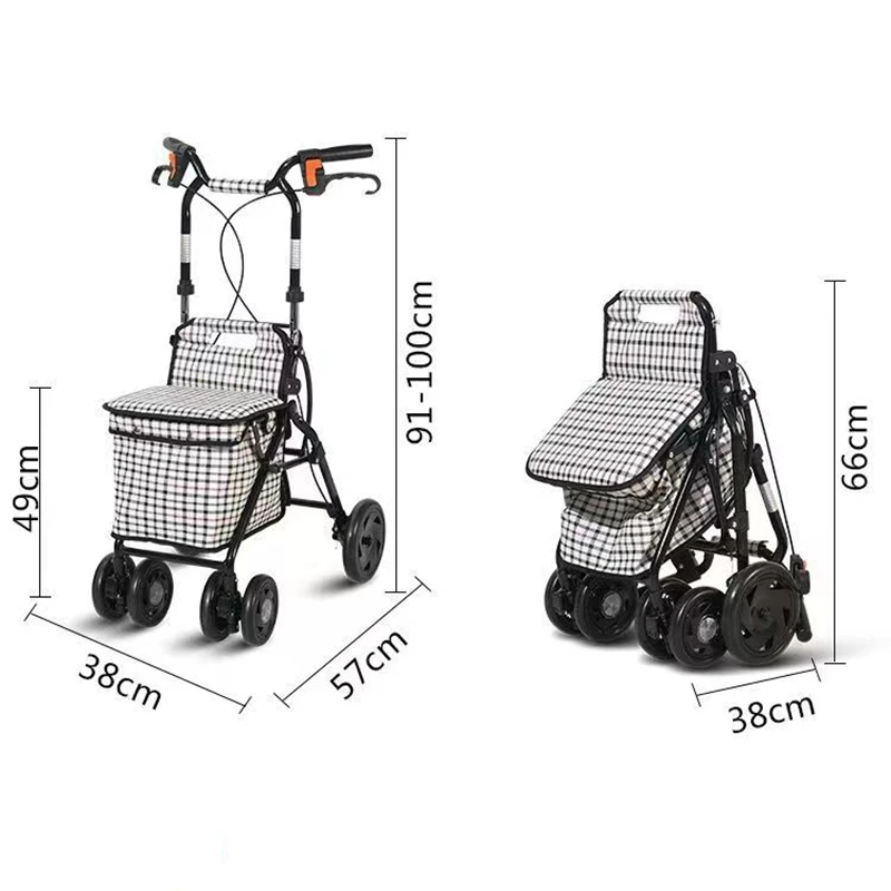 Folding Elderly Trolley Walker with Wheels Height Adjustable Walking Stick Shopping Handcart Mobility Aids For the Disabled