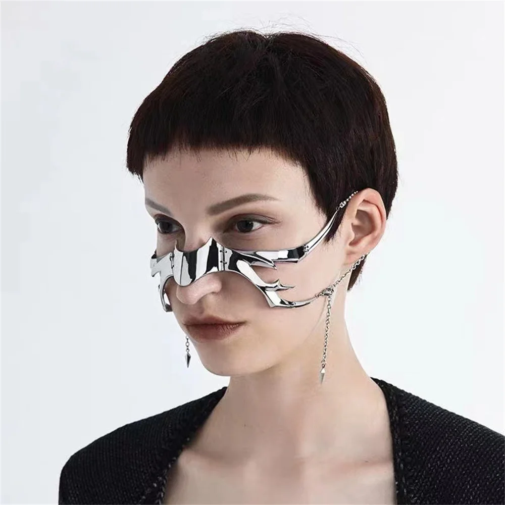 CyberPunk Irregular Titanium Steel Mask Gothic Punk Metal Mechanical Alien Fluid Face Ornament Earrings Party Jewelry Accessorie