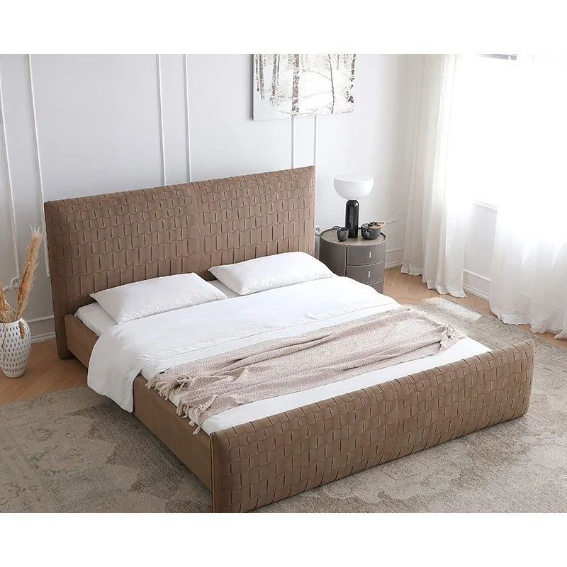 Italian minimalist microfiber leather woven double bed, master bedroom wedding bed handmade high-end