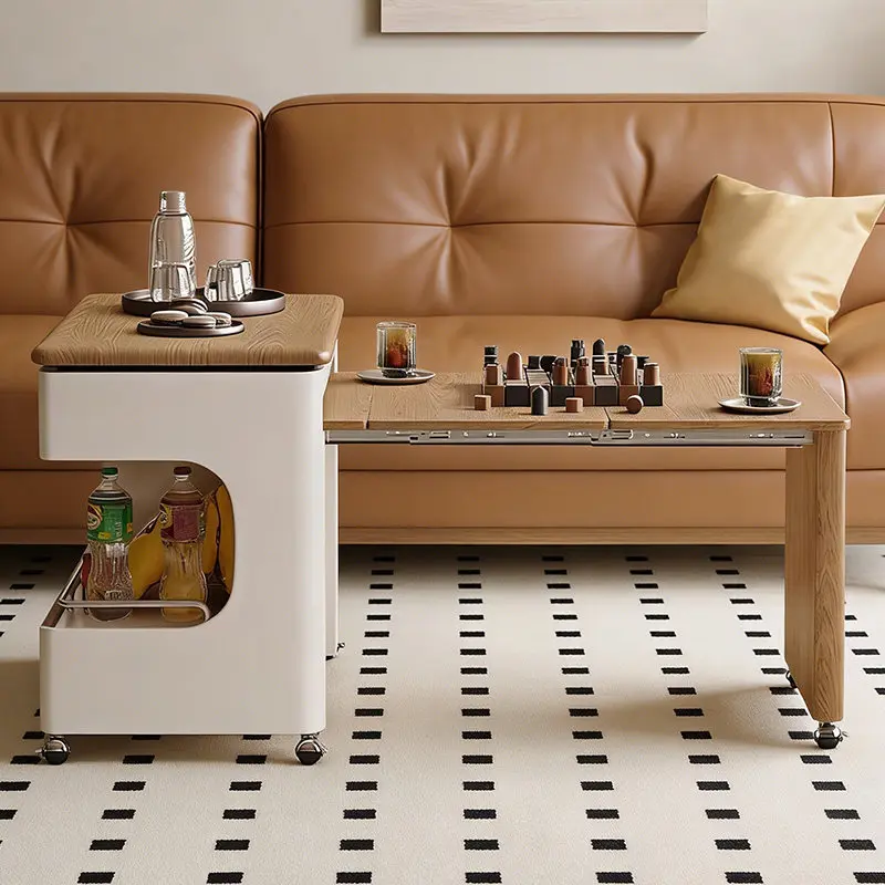 Jixiang small apartment movable coffee table folding telescopic household side cabinet solid wood living room lifting sofa side