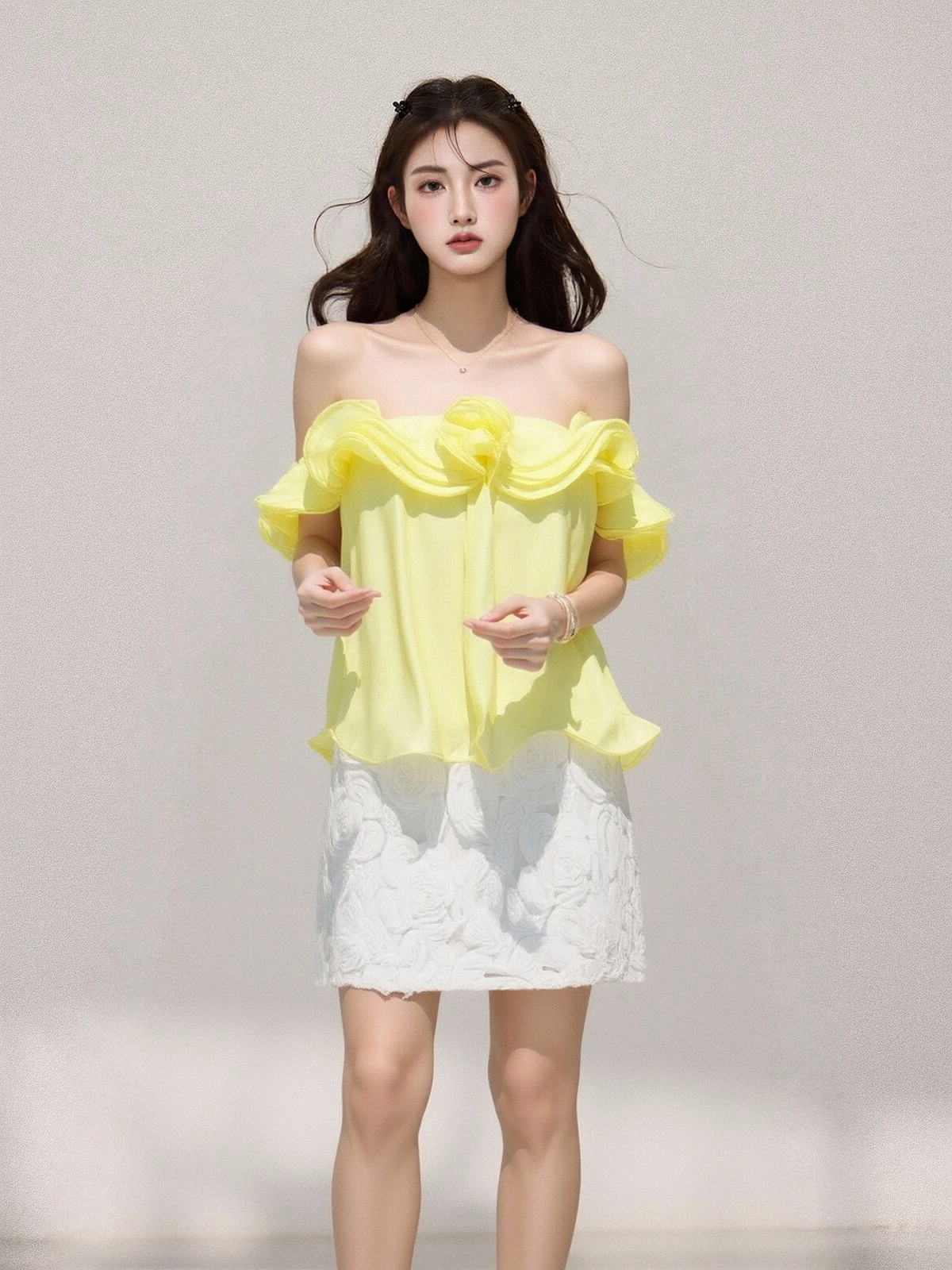 

Элегантный фиолетовый шифоновый топ на одно плечо для женщин, свободный крой CleanFit с кружевным подолом, дышащий, облегающий, лето 2026