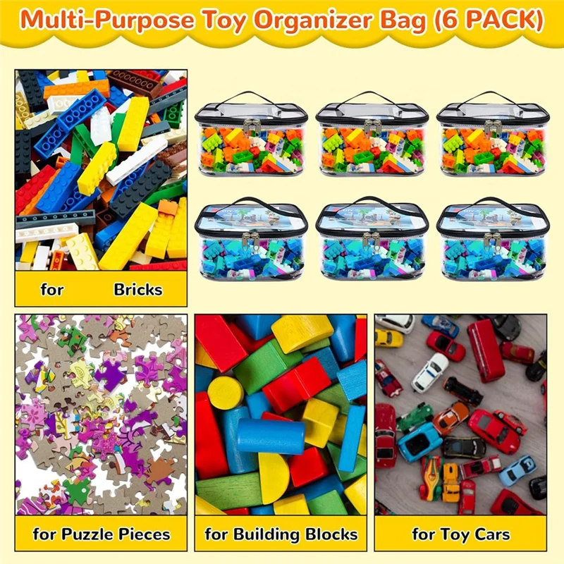 6 Pack Clear Toy Storage Bag With Name Tag& Manual Pocket, Waterproof Transparent PVC Toy Organizer Case For Bricks