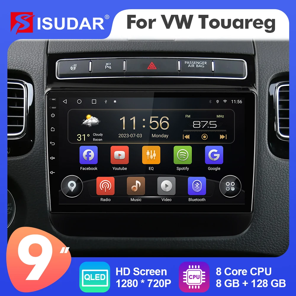 Isudar 9 Inch Android 12 Car Radio Player For Volkswagen Touareg 2010-2018 Carplay Auto Stereo No 2din 4G WIFI FM GPS