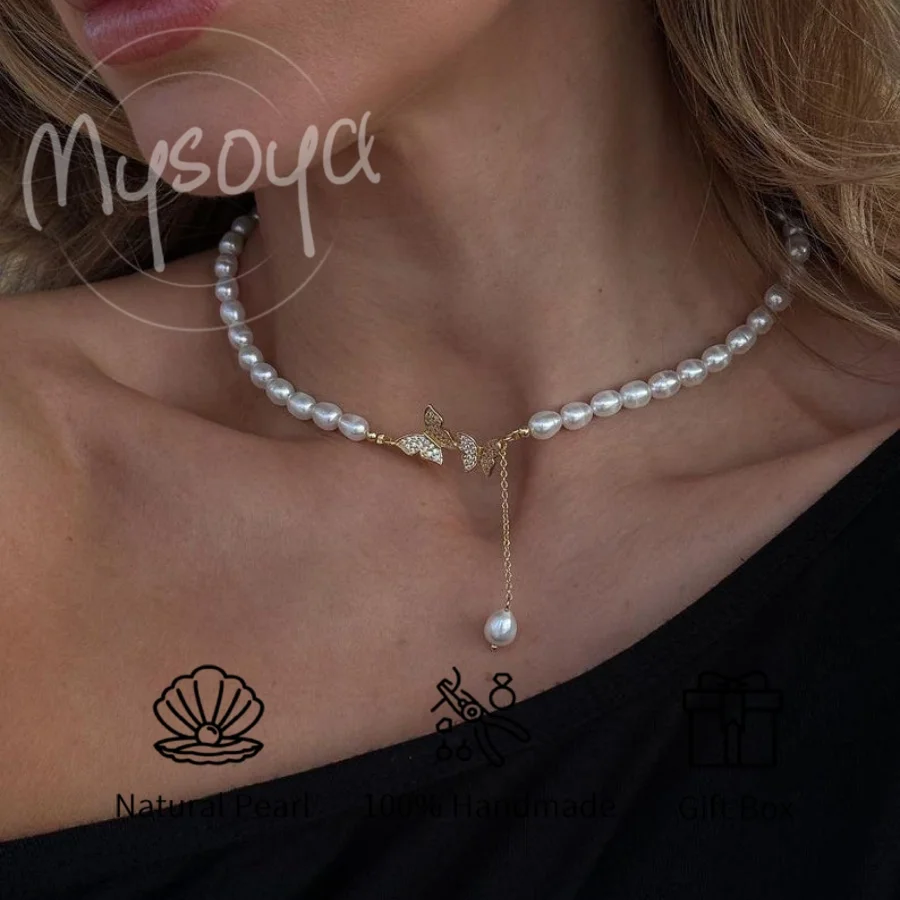 

MYSOYA White Rice Freshwater Pearl Necklace 5-6mm Butterfly Pendant with Gift Box, Gift for Her/ Him, for Birthday/ Wedding