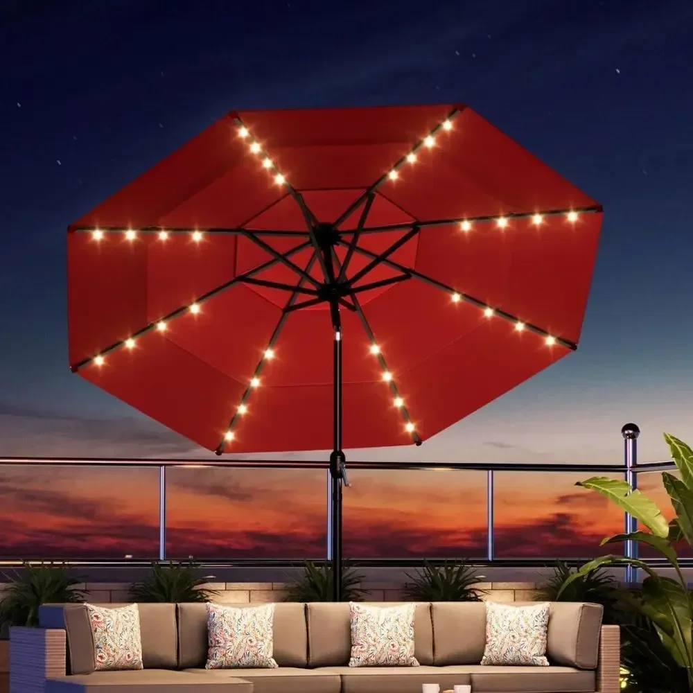 

3-Tier 8-Rib Lighted Patio Umbrella, Large Outdoor Sun Shade for Deck, Backyard, Poolside