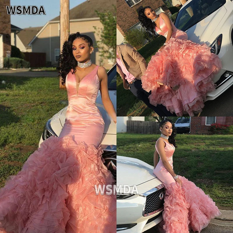Vestido de fiesta rosa sin mangas con cuello en V, vestido de noche Formal de sirena de Organza con volantes hinchados, largo hasta el suelo, hecho