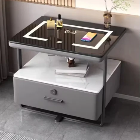 Solid Wood Modern Luxury Wireless Charging Smart Bedroom Nightstand with Fingerprint Lock and Glass Panel