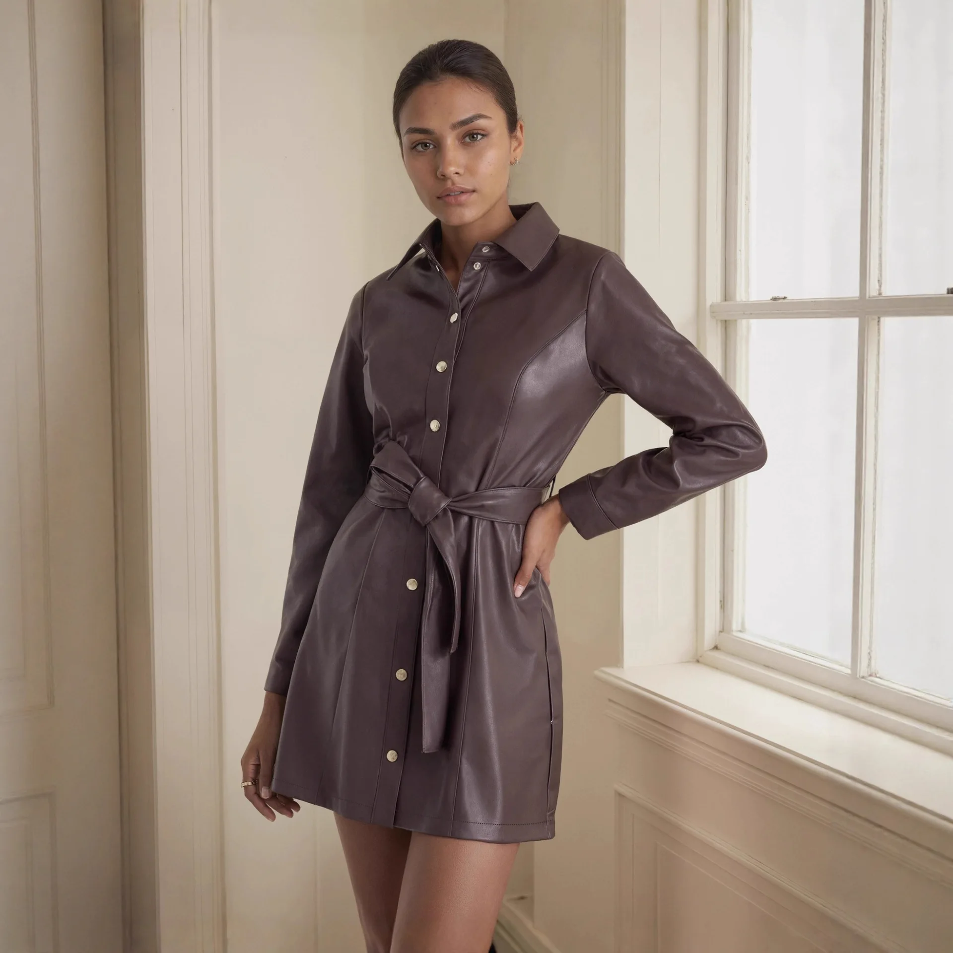 معاطف جلدية طويلة غير رسمية للنساء لخريف وشتاء 2025 بأكمام طويلة وياقة مقلوبة وسترات برباط ملابس خارجية #1