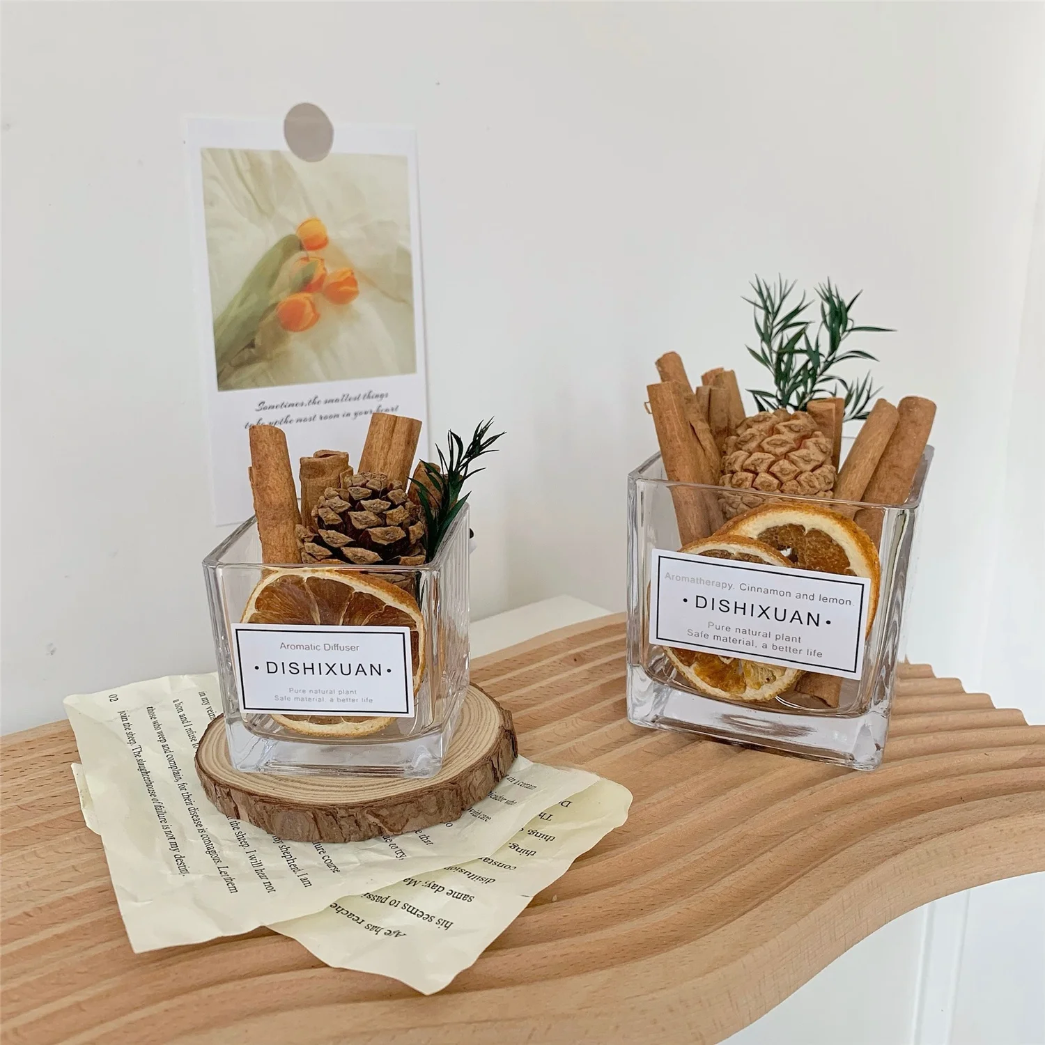 

Аромадиффузор с сушеными цветами лимона, ночник, декоративный элемент для спальни, без пламени, с ароматом корицы