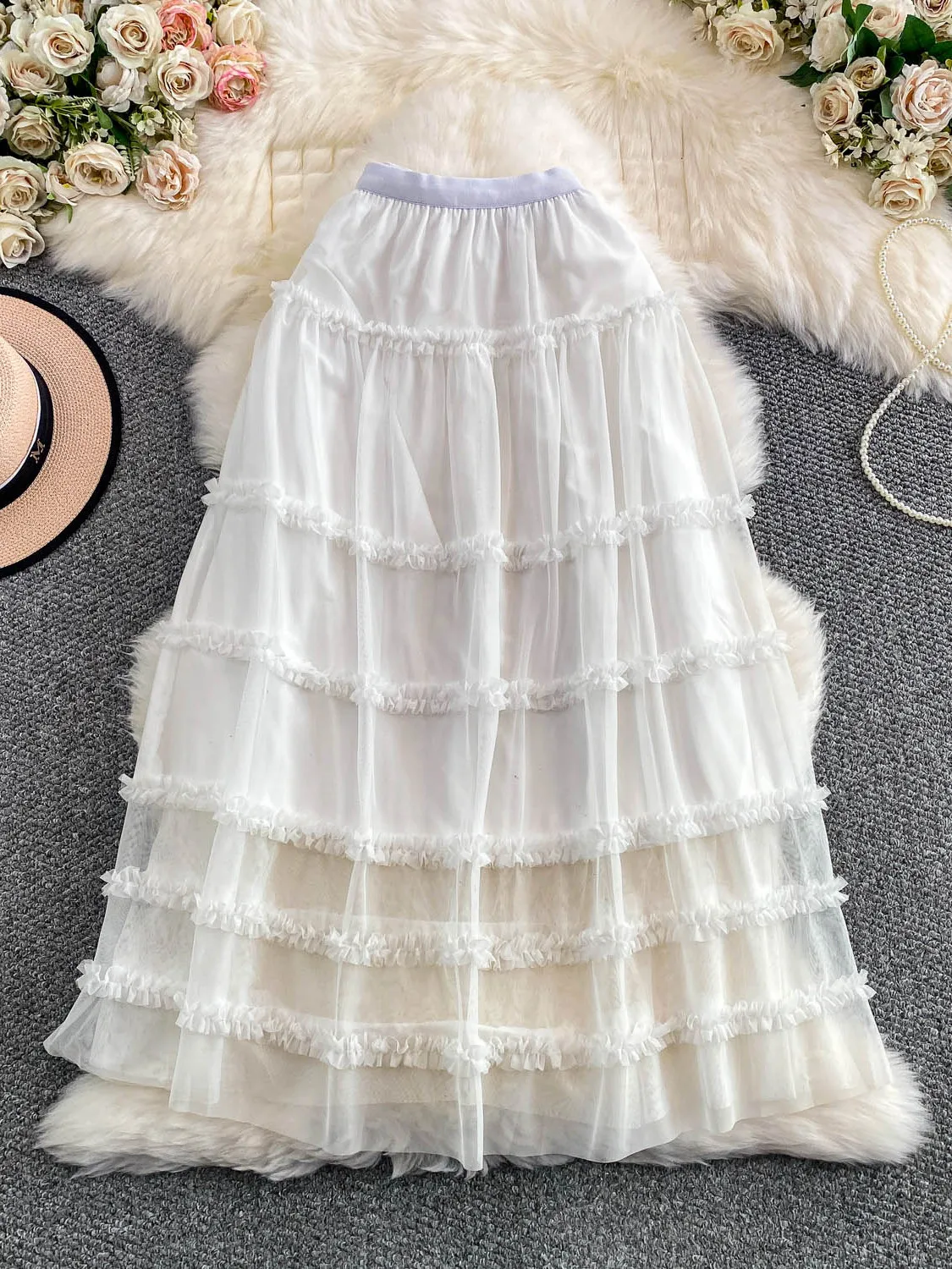 Ele Sweet Fairy Me f falda de cintura alta adelgazante 3D flor pastel falda larga mujer Otoño Invierno Faion Ci Commute