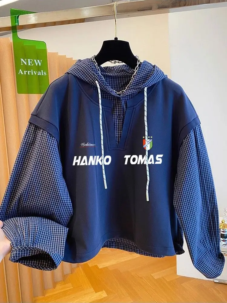 レトロ香港スタイル格子柄パッチワークパーカー、ゆったりカジュアルロングスリーブメンズ春秋怠惰なスタイルトップス快適なスウェットシャツ