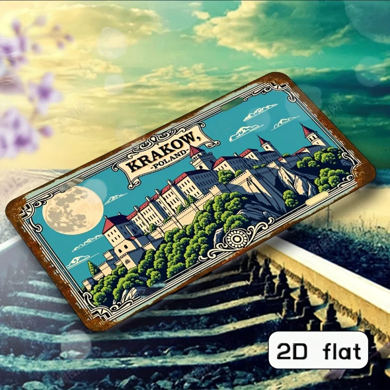 مسطح ثنائي الأبعاد - لافتة معدنية عتيقة من كراكوف وبولندا - لوحة فنية جدارية من الألومنيوم مقاس 15.24 × 30.48 سم، متينة ومقاومة للطقس