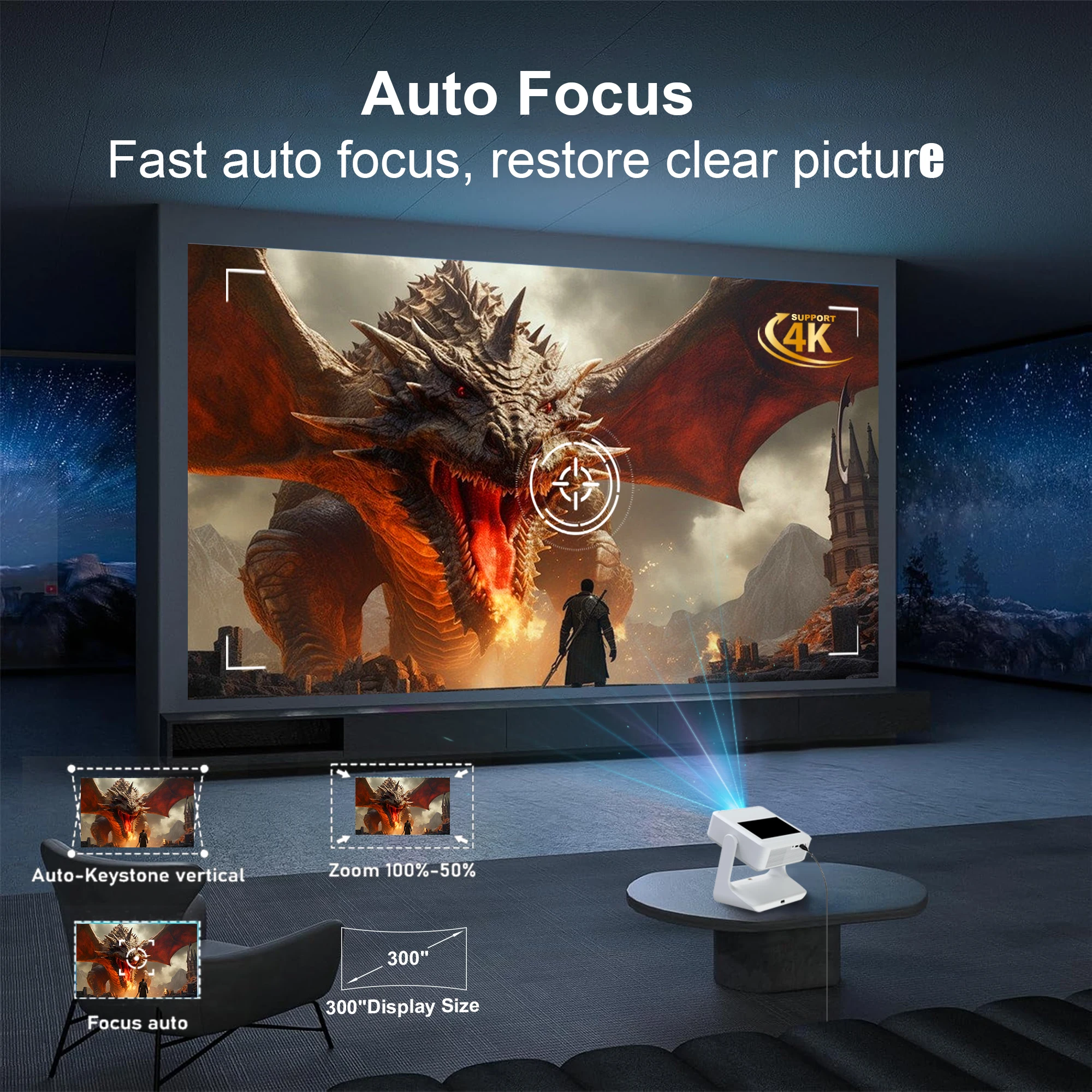 Proyector, Proyector WiFi Inteligente 4K 1080P, HDMI USB, Perfecto para Viajes, Aula y Juegos FIFA con Amigos