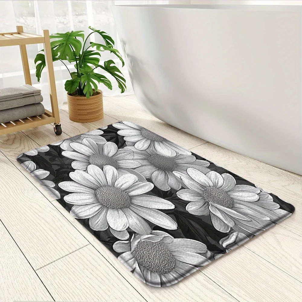 Black and white daisy patterned floor mat, made of polyester fabric, machine washable, suitable for bedrooms and living rooms.