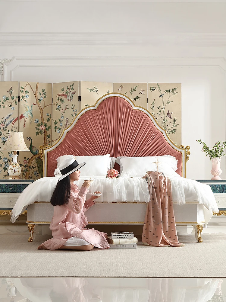 Palace Rococo style master bedroom fabric double bed pink solid wood king bed luxurious high-end wedding bed P7