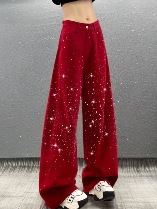

Spring High Waist Loose Fit Skinny Jeans Women's Casual Sle Diamond Embellied Wide Leg Pants Comfortable Loose Jeans