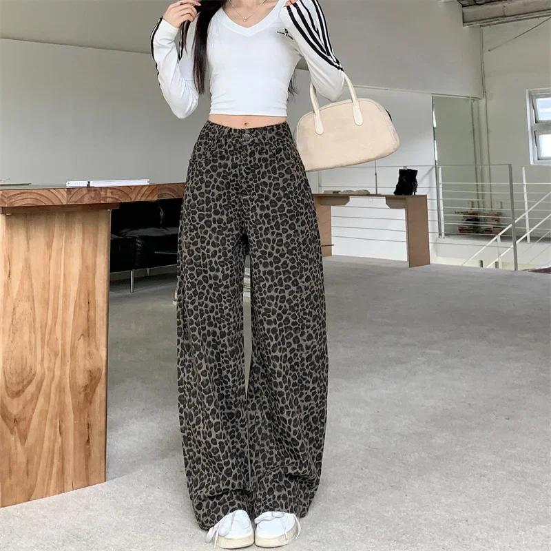 

Trend Women's Y2K Jeans Loose Fit Leopard Print Denim Pants High Waist Straight Leg Vintage Trousers