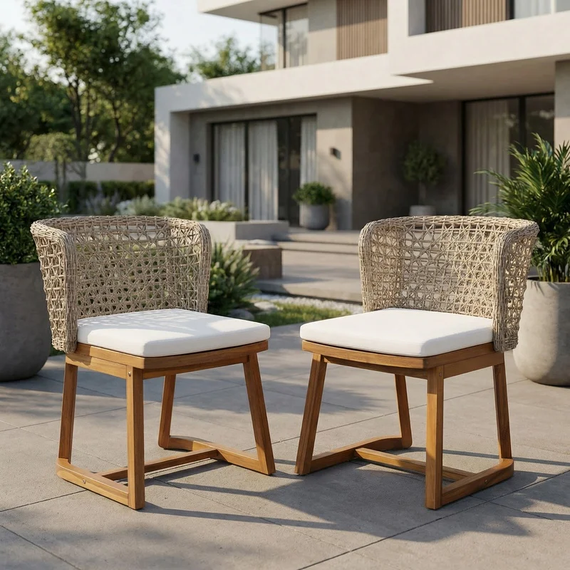 

Acacia Wood Patio Chairs Set of 2, Teak Finish with Beige Cushion and Light Brown Wicker Back, Weather Resistant Garden Side Chairs