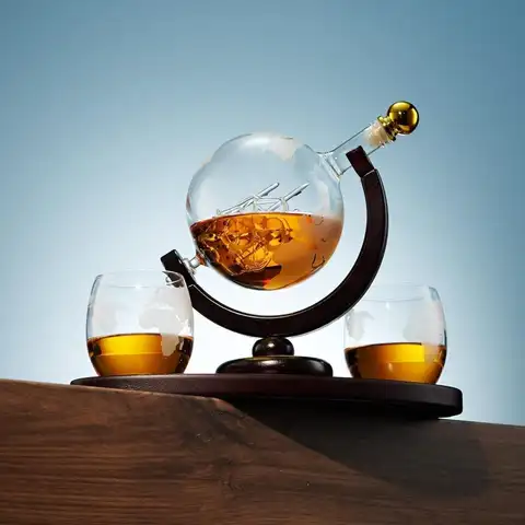 Globe Whiskey Decanter Set with 2 Glasses | Crystal Clear Barware for Bourbon, Rum, Scotch | Gift for Men & Dad