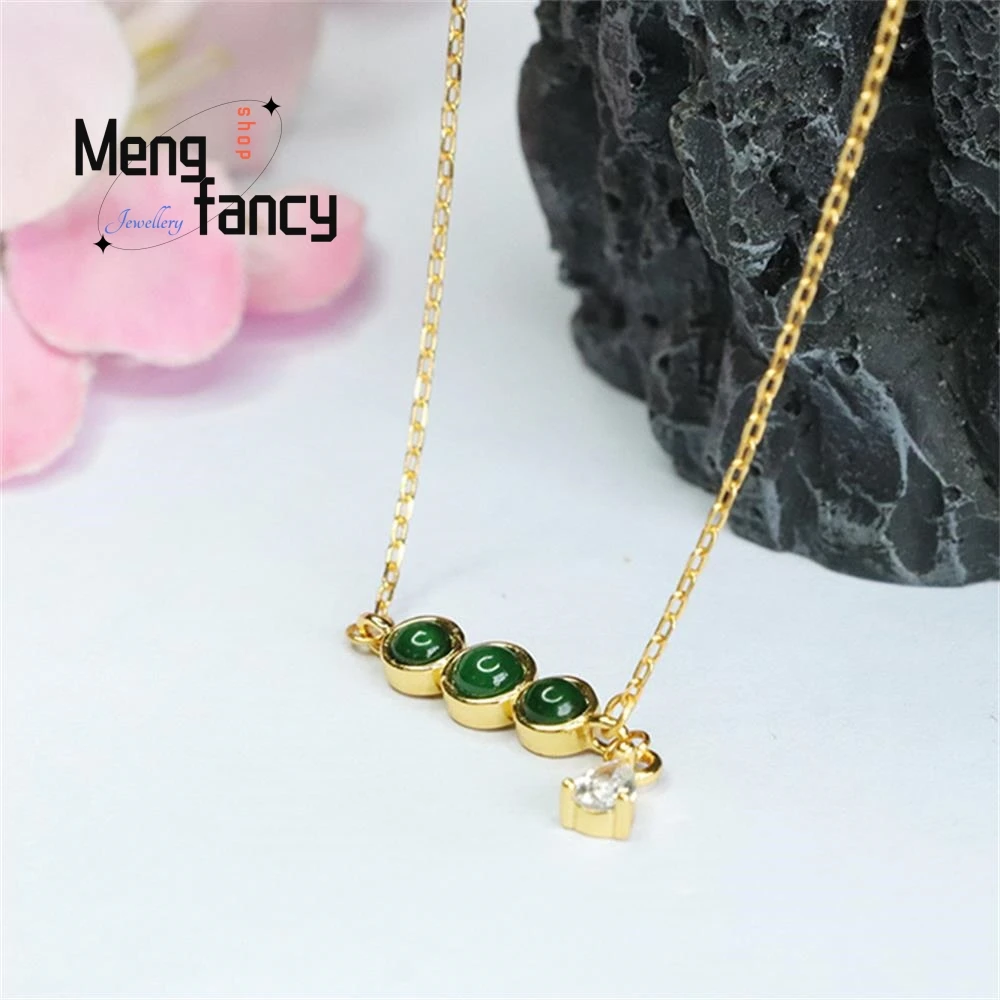 S925 Silver Inlaid Natural Jadeite Ice Type Imperial Green Set Chain Pendant Exquisite Elegant Simple High-grade Fashion Jewelry
