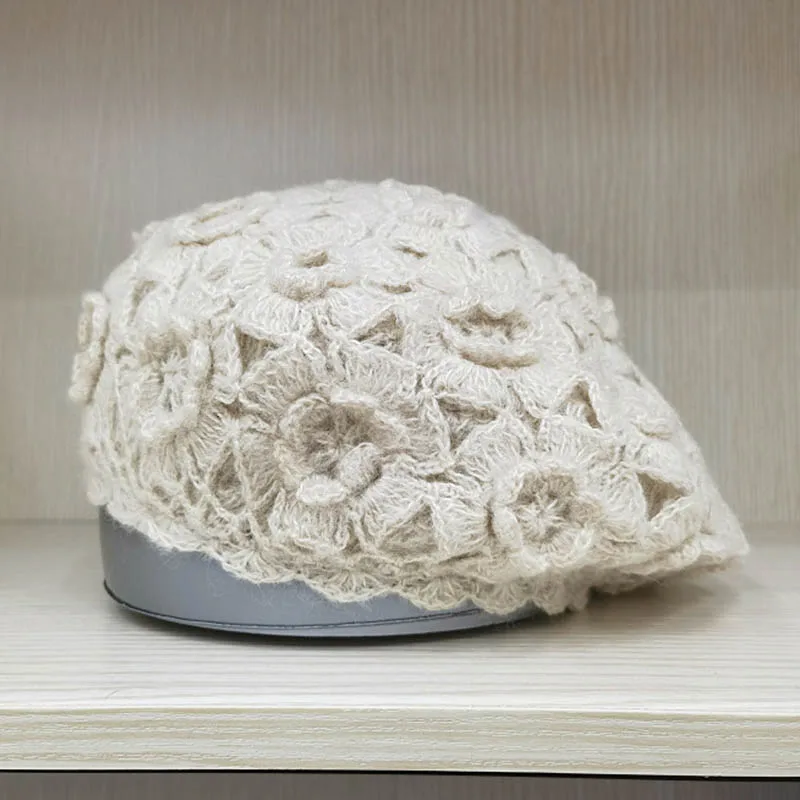 Women Cotton Slouchy Crochet Beret Handmade Cutout Floral French Beret Cap Fall Winter Hat for Women Girl Casual Cap