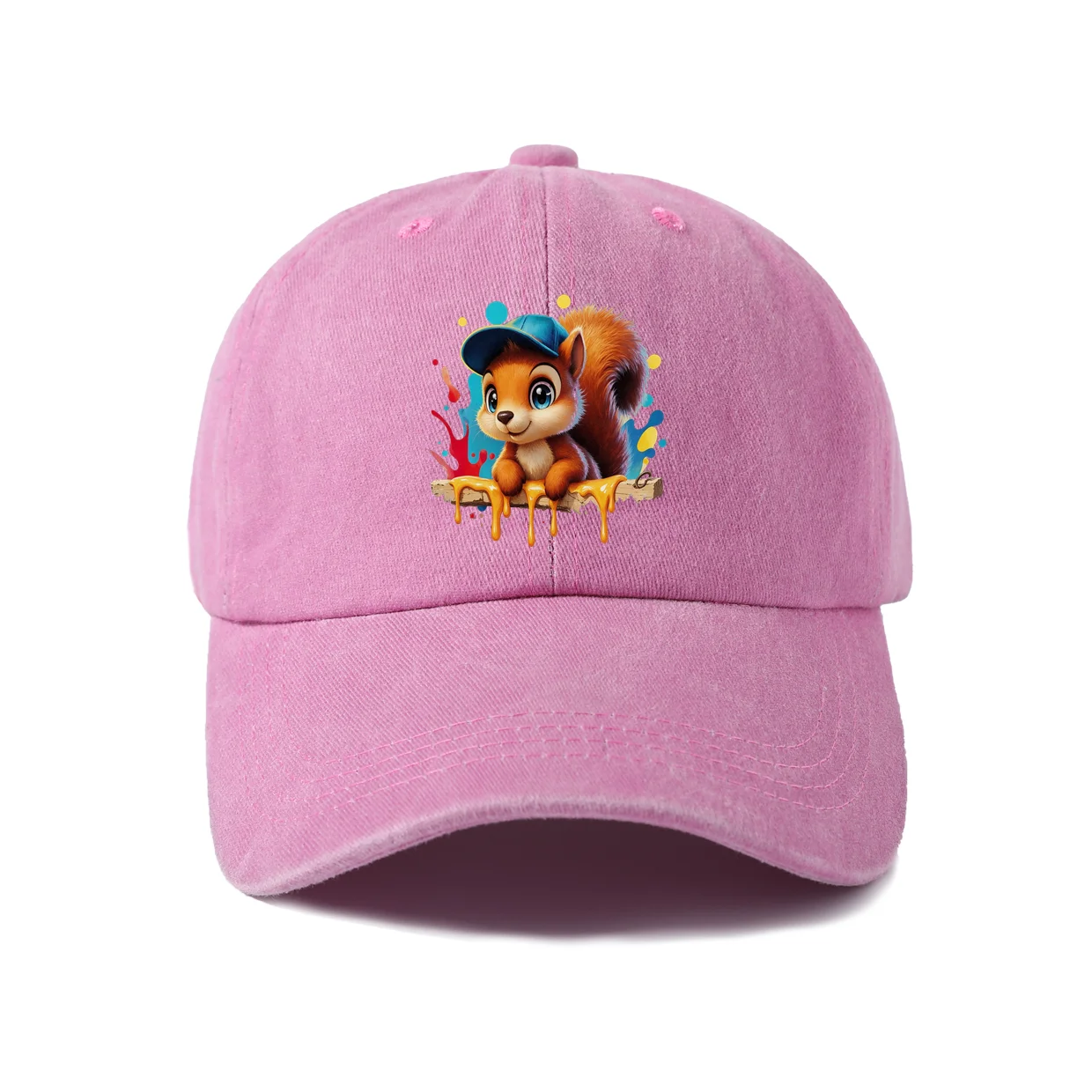 Cute Squirrel Paint Splash Graphic Vintage Washed Baseball Cap, Adjustable Unisex Dad Hat for Men and Women