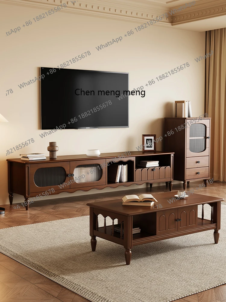 

TV Cabinet and Coffee Table Set French Retro Living Room Background Wall Cabinet Side Cabinet Large and Small Round Coffee Table