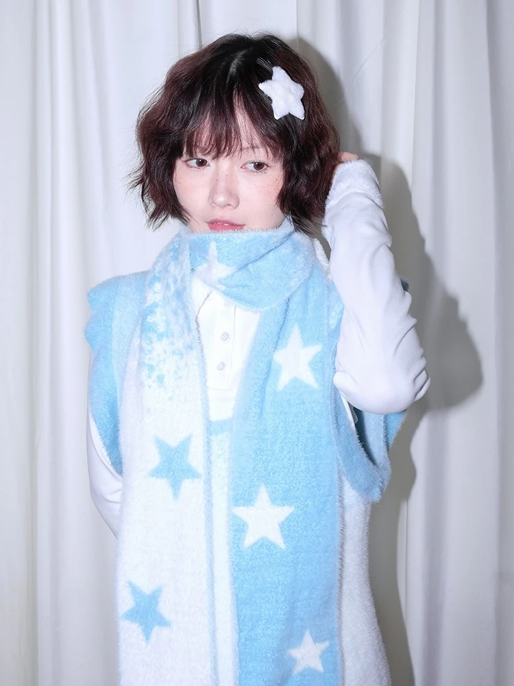 

Японская субкультура Y2k Stars Синий и белый мультяшный дельфин Имитация норки Шарф Женский милый сладкий и пряный женский шарф Y2k