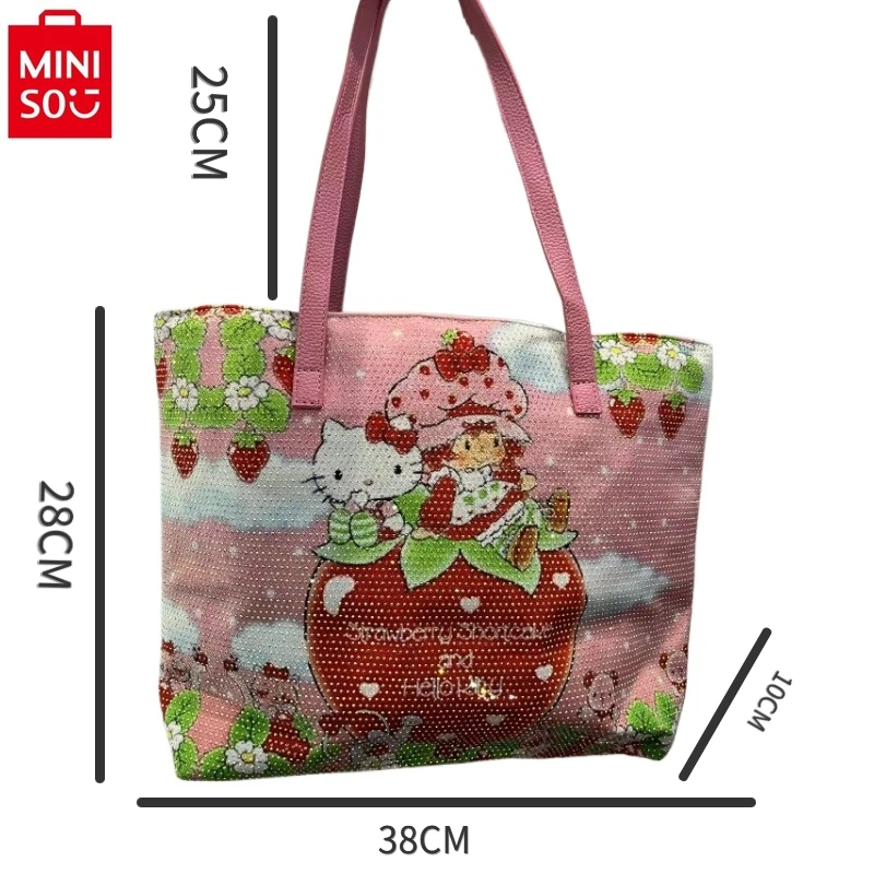 MINISO-Sac fourre-tout polyvalent double face pour femme, motif Hello Kitty, diamant de haute qualité, grande capacité, nouveau, 2024